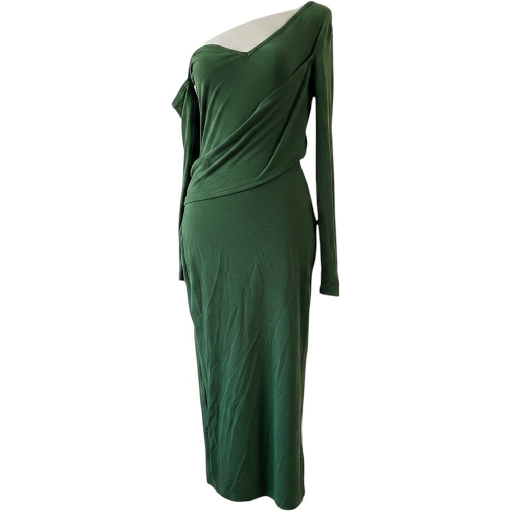 HL Forest Green One Shoulder Draped Midi Dress Long Sleeve Side Slit Medium